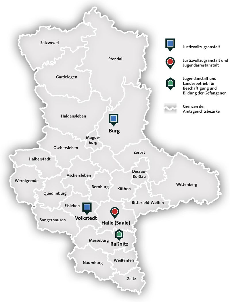 Landkarte mit den Standorten der Justizvollzugsbehörden