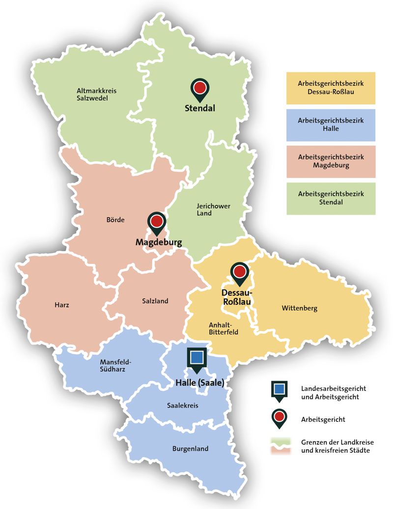 Landkarte mit den Bezirken der Arbeitsgerichtsbarkeit