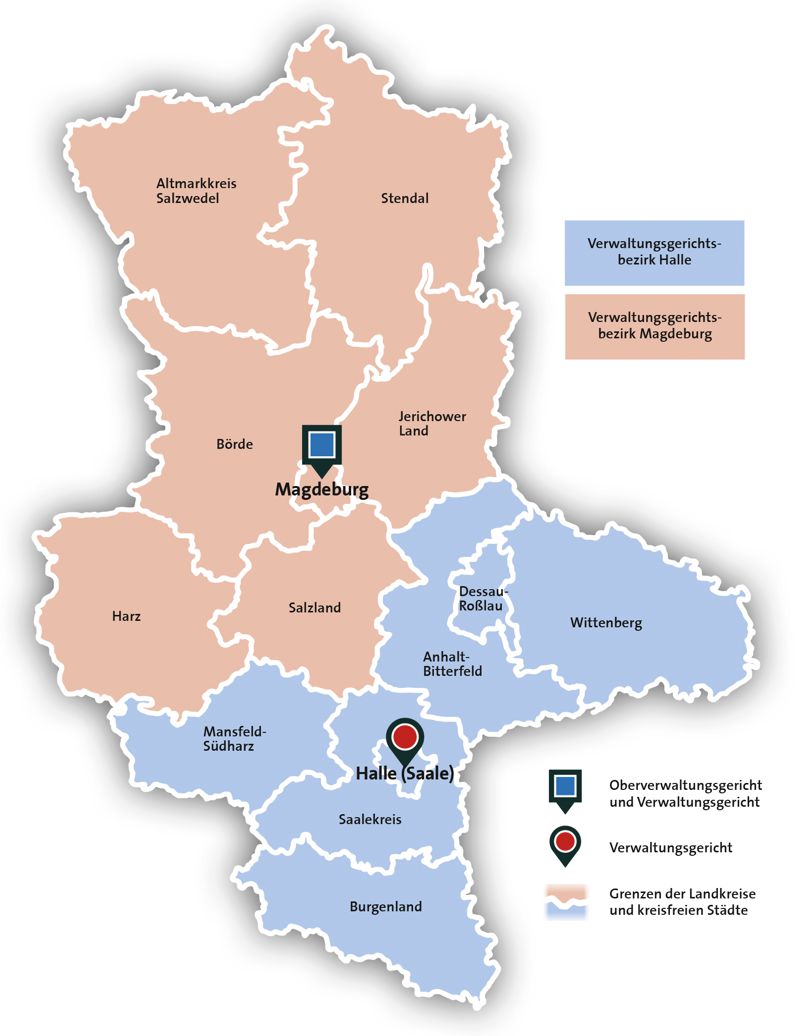 Landkarte mit den Bezirken der Verwaltungsgerichtsbarkeit